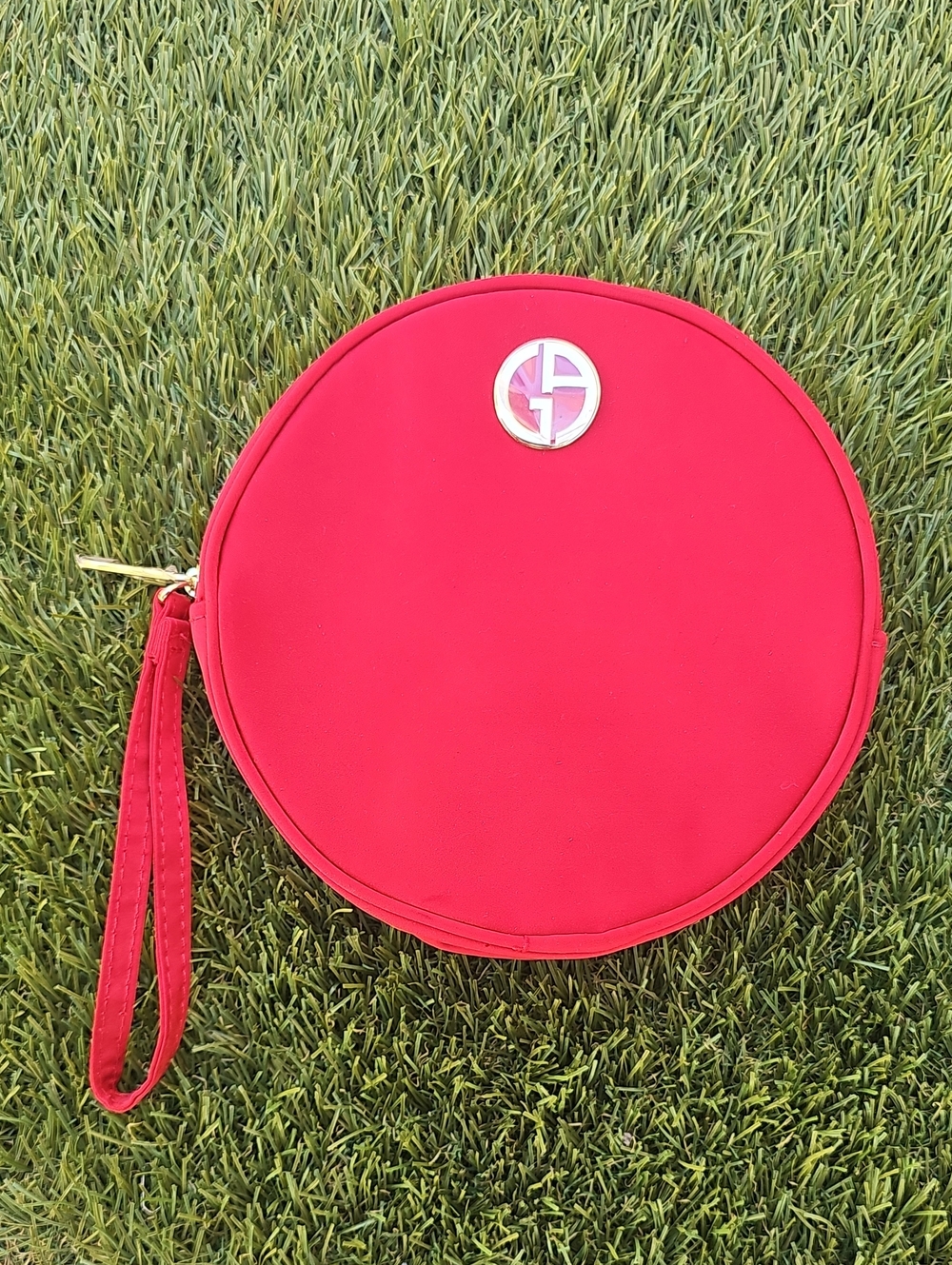 Giorgio Armani Red Round Wristlet Clutch with Gold Logo